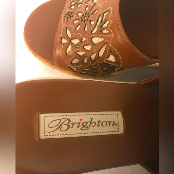 Brighton Moira Caramel Calf Leather with Natural Linen Wedge Sandals 7 1/2 Med - Picture 7 of 12